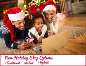 family purchasing online traditional holiday gift shop and virtual holiday gift shop